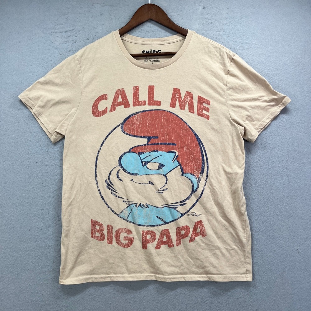 The Smurfs Graphic Tee Mens Large Tan Call Me Big Papa Papa Smurf Retro Cartoon